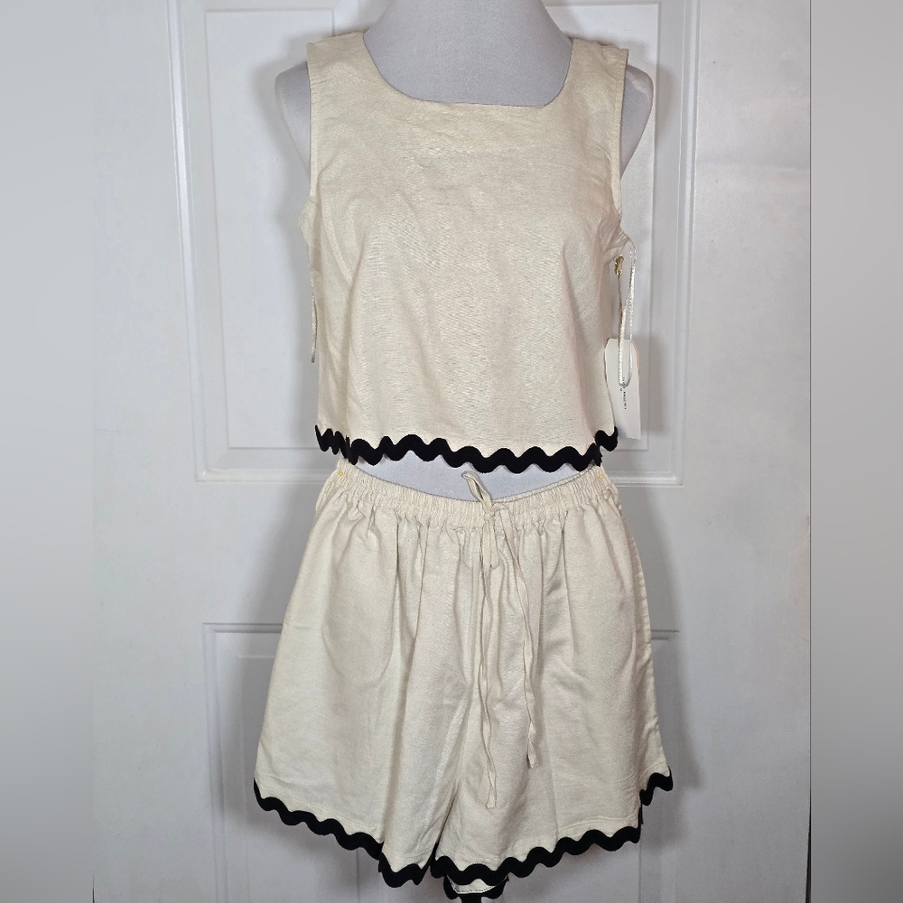 Midnight Sky Cream Sleeveless Top and Shorts Set Black Scalloped Trim